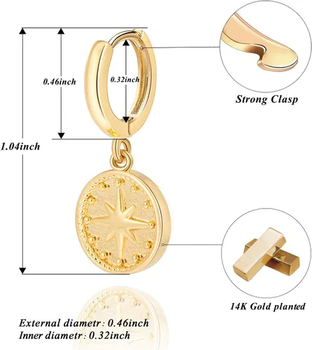 Miniatura 6 de Aretes de moneda de oro para mujer, chapados en oro de 14 quilates, aretes de aro delicados con moneda de dije mal de ojo
