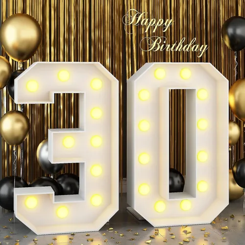 Miniatura 15 de Marquesina grande de número 0 blanca con luces y marco de mosaico, letra 0 para decoración de fiesta de cumpleaños, cartón precortado, tablero