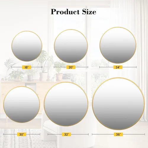 Miniatura 9 de Espejo redondo dorado de 30 pulgadas para pared, espejo de baño circular grande para sobre el fregadero, marco de metal dorado mate, vidrio