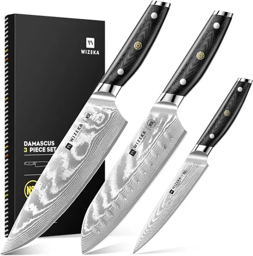 WIZEKA Juego de cuchillos de chef de Damasco: 3 piezas, cuchillos de cocina súper afilados: hechos de acero japonés VG10: juego de cuchillos de chef