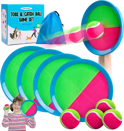 Juego de pelota para lanzar y atrapar, 4 paletas y 4 bolas al aire libre, juego de captura de remo para niños, patio trasero, playa, piscina, patio,