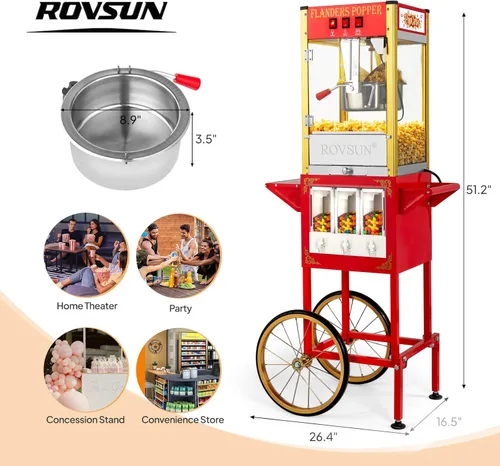 Miniatura 7 de Máquina de palomitas de maíz ROVSUN estilo cine con carrito y ruedas, hervidor de 8 onzas, hace hasta 32 tazas de palomitas, con dispensadores