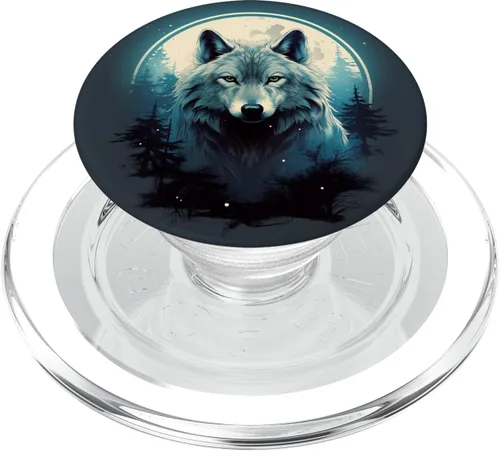 Miniatura 8 de lobo místico en el bosque en la luna llena PopSockets Standard PopGrip