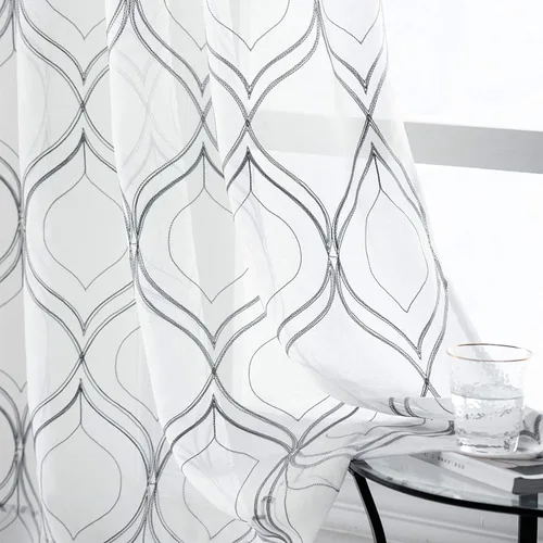 Miniatura 37 de VISIONTEX Cortinas traslúcidas blancas de 63 pulgadas de largo, juego de 2 paneles de bordado marroquí con puntos beige, tela de gasa bordada