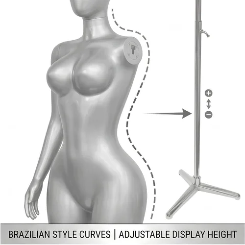 Miniatura 8 de Maniquí de torso brasileño con curvas plateadas, altura ajustable de 66.9 a 92.1 pulgadas, forma de vestido con brazos giratorios desmontables