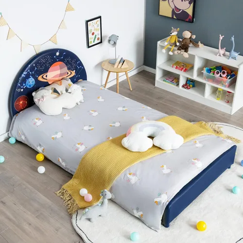 Miniatura 8 de Costzon Base de cama individual para niños, plataforma de cama individual tapizada de madera con soporte de listones, cabecera y estribo acolchados