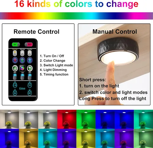 Miniatura 2 de Onumii - Luces de disco operadas por pilas con control remoto LED, iluminación inalámbrica debajo del gabinete, luces adhesivas que cambian