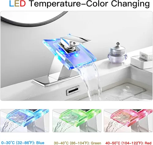 Miniatura 5 de Grifo de Lavabo de Baño con Luz LED, Boquilla de Cascada de Vidrio que Cambia a 3 Colores, Mezclador de Agua Caliente y Fría, Manija Única, un Solo