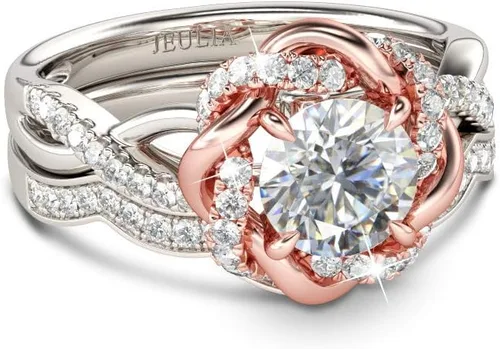 Jeulia Anillos de compromiso con halo solitario para mujer, plata de ley, anillos de flores florales, chapados en oro rosa, anillo de diamante de