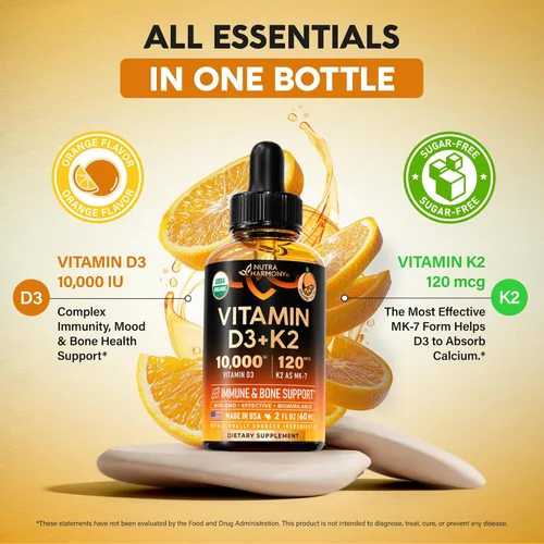 Miniatura 6 de Gotas Orgánicas USDA de Vitamina D3 K2 – Vitamina D3 10000 UI y K2 como MK-7 120mcg – Apoyo inmunológico y del estado de ánimo, salud de huesos