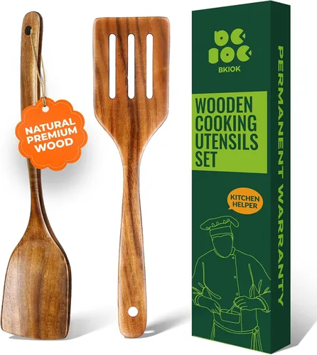 Bkiok Cuchara de madera para cocinar, juego de utensilios de cocina de madera de teca hechos a mano, espátula plana y espátula ranurada para