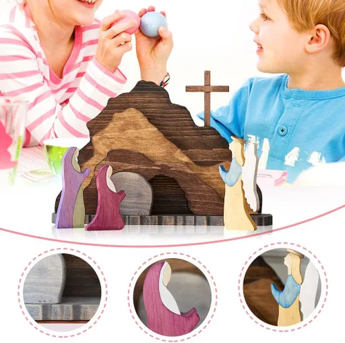 Miniatura 4 de IoF Adorno de escena de resurrección de Pascua, decoración de Pascua religiosa de madera, figuras de tumba vacía cristiana de madera, juego