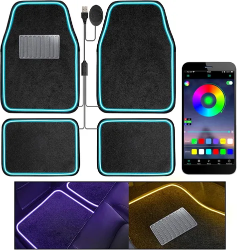Miniatura 9 de Alfombrillas para el suelo del auto con tira de luz LED, ajuste universal premium, alfombra automotriz negra, alfombrillas para el suelo con luces