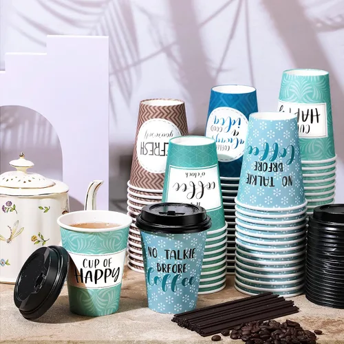 Miniatura 2 de Gerrii Paquete de 100 Tazas de Café Desechables con Tapas y Pajitas, Tazas de Papel Motivacionales con 6 Frases y Diseños, Tazas Calientes