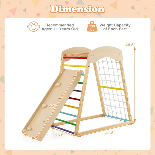 Miniatura 2 de Costzon Gimnasio interior de la selva, juguetes de escalada Montessori 6 en 1 para niños pequeños con tobogán de doble cara, escalada de roca/red