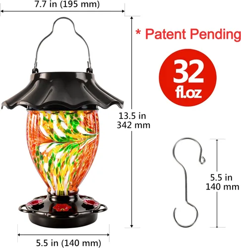 Miniatura 6 de LUJII Comedero solar para colibríes para colgar al aire libre con cambio de color, depósito de vidrio soplado a mano, 32 onzas líquidas, nunca Rojo
