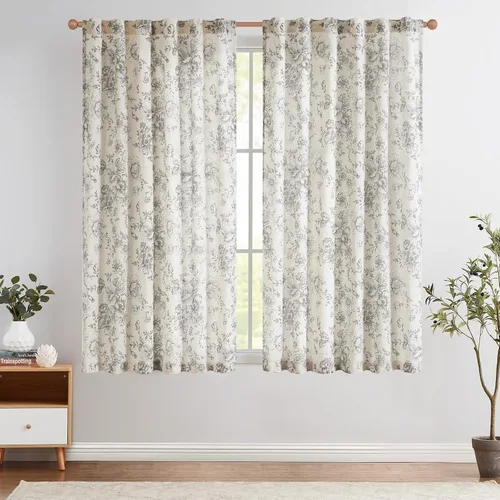 Miniatura 80 de Jinchan Cortinas de Mezcla de Lino con Estampado Floral para Sala de Estar, 84 Pulgadas de Largo, Cortinas con Bolsillo para Varilla y Tab Trasera