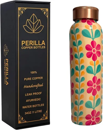 Miniatura 7 de Perilla Home Botella de agua impresa de cobre puro de 34 onzas, a prueba de fugas, recipiente de cobre ayurvédico 100% puro con tapa, bebe más agua