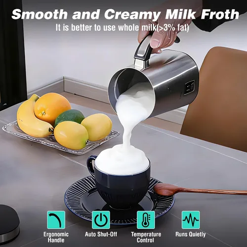 Miniatura 6 de HAUSHOF Espumador de leche, espumador de leche eléctrico 4 en 1 y vaporizador, gran capacidad, máquina de chocolate caliente, máquina automática