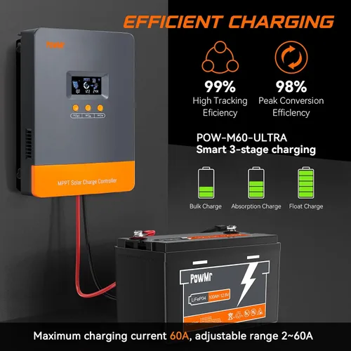 Miniatura 6 de Regulador solar PowMr de 60 A MPPT, controlador de carga de batería de 60 amperios para baterías de litio LiFePO4 y de plomo-ácido de 12 V/24 V/36