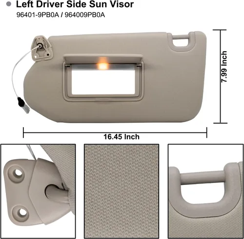 Miniatura 4 de NHILES Visera Solar Izquierda del Conductor con Lámpara y Espejo para Nissan Pathfinder 2013-2020 2014-2020 Infiniti QX60 y 2013 Infiniti JX35, OEM
