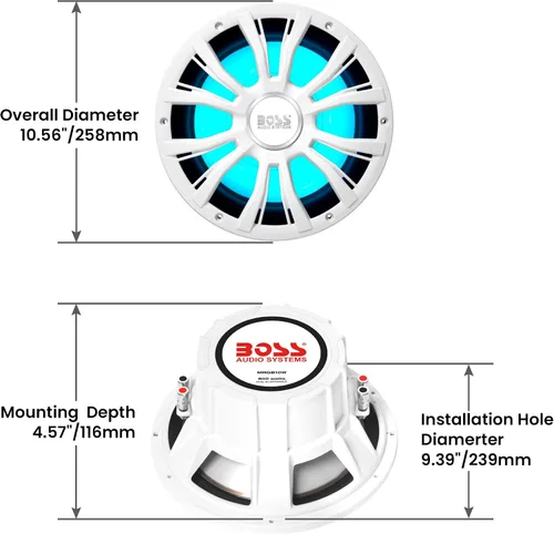 Miniatura 5 de BOSS Audio Systems MRGB10W Subwoofer para barco de 10 pulgadas, 800 vatios máximo, bobina de voz dual de 2 ohmios, iluminación multicolor