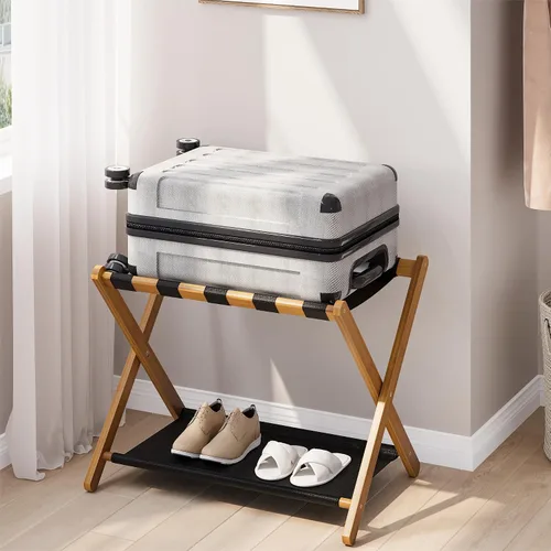 Miniatura 10 de Smart FENDEE Portaequipajes, portaequipajes plegable para habitación de invitados, soporte de maleta de bambú marrón con capacidad para hasta 131