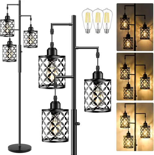 Lámpara de pie regulable, lámpara de pie de granja con elegante jaula de metal, lámparas de pie industriales de árbol alto para sala de estar, Negro