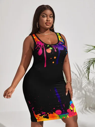 Miniatura 4 de OYOANGLE Vestido de verano sin mangas con estampado de verano para mujer, cuello redondo, ajustado, corte entallado