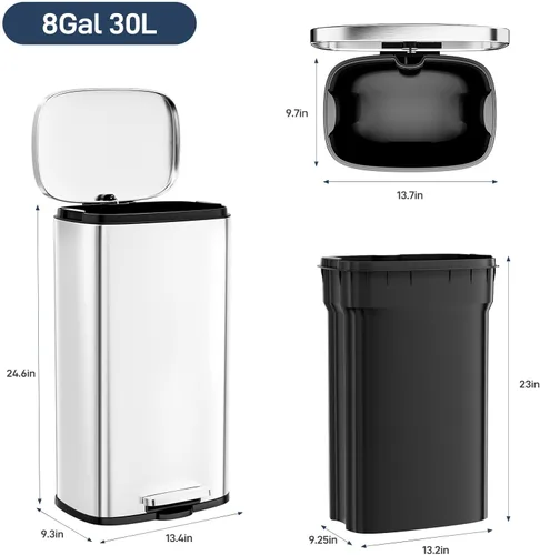 Miniatura 2 de Arlopu Cubo de basura de 8 galones, de acero inoxidable, cubo de basura de cierre suave con cubo interior de plástico extraíble, a prueba de huellas