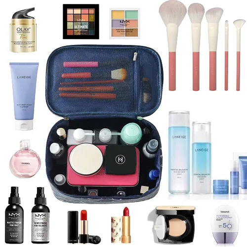 Miniatura 5 de Bolso de maquillaje HOYOFO, bolso de viaje para productos cosméticos, con bolsillo de red, almacenamiento de aseo de viaje grande e impermeable
