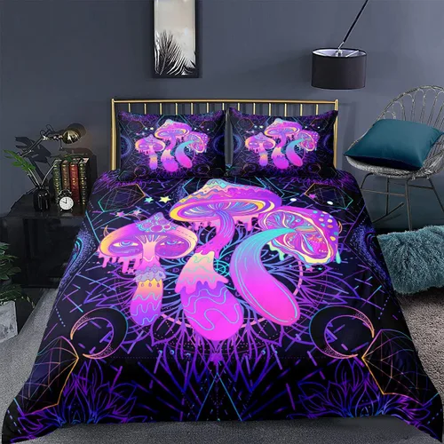 Miniatura 16 de Juego de funda de edredón psicodélico de fantasía con diseño de hongos psicodélicos, galaxia, verde cielo, morado, diseño de hongos estrellados, #1