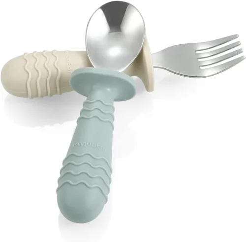 Miniatura 6 de PandaEar Juego de 4 utensilios de silicona de acero inoxidable para bebé, tenedor de cuchara para bebé, sin BPA, con sujeción de silicona, diseño
