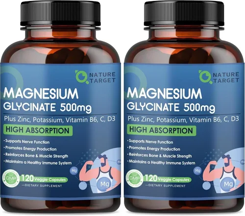 Miniatura 9 de NATURE TARGET Glicinato de Magnesio 500mg, Magnesio Quelado con Zinc y Vitamina D3 para Músculos, Nervios y Huesos, Apoya la Salud del Corazón