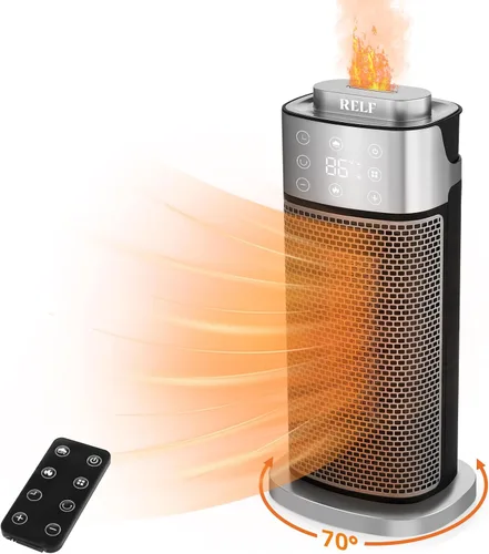 RELF Calentador de cerámica PTC de 1500 W con humidificador, oscilación de 70°, control remoto, modo ECO, temporizador y protección contra vuelcos,