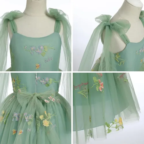 Miniatura 7 de Vestido de tul de encaje con floal para niña de flores, vestido de princesa sin espalda para boda, dama de honor, concurso de comunión, vestido maxi