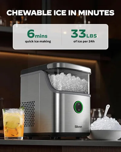 Miniatura 5 de Silonn Nugget Ice Maker - Máquina de hielo para encimera, cesta de hielo con asa, funcionamiento silencioso y máquina de hielo autolimpiante, hielo