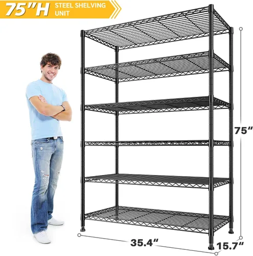 Miniatura 3 de REIBII Estantería de almacenamiento de 75''H de metal, estantería de 6 niveles con cable para despensa, estantería de garaje ajustable de 1200LBS