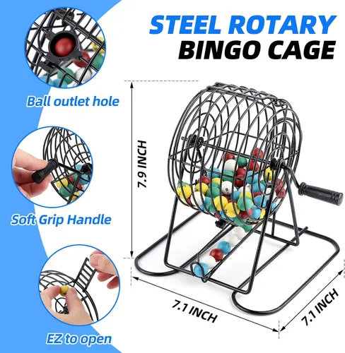 Miniatura 4 de Homwom El juego de bingo de lujo incluye 18 cartas mixtas, 150 fichas vibrantes, 75 bolas de llamada, jaula de bingo de 8 pulgadas, juego de bingo