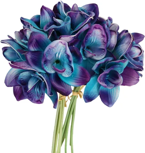 Flores artificiales, color morado, turquesa, tallo de orquídea, flores de tacto real, juego de 12 tallos