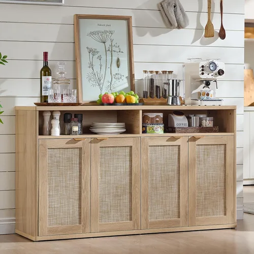 Miniatura 10 de LEYAOYAO Gabinete de buffet acanalado con almacenamiento, aparador de madera de 45 pulgadas de ancho con 3 puertas y estante de almacenamiento