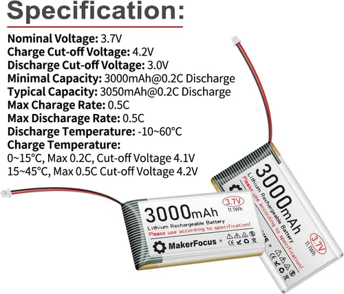Miniatura 3 de 2 piezas 3.7V 3000mAh Batería recargable de polímero de litio 1S LiPo con placa de protección, cinta de goma aislante y conector JST 1.25 para placa