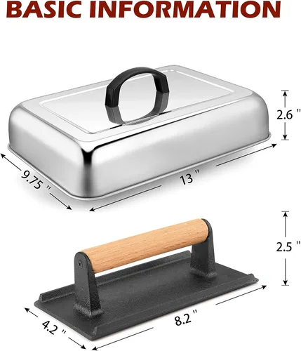 Miniatura 2 de HaSteeL Cúpula de fusión de 13 x 9.75 pulgadas y prensa de hamburguesas de 8 x 4 pulgadas, cubierta de vapor rectangular con prensa de tocino