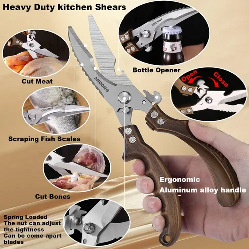 Miniatura 3 de ANDONG Tijeras de cocina – Tijeras de acero inoxidable resistentes para aves, carne y huesos con funda de cuero negro para alimentos Plus