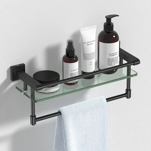 Miniatura 19 de Estante de baño de vidrio con barra para toallas, barra para toallas de acero inoxidable templado/estantes de baño de vidrio templado con riel
