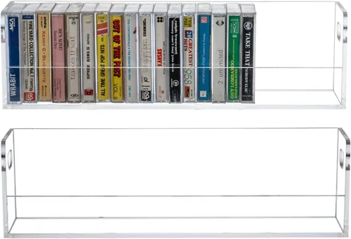 Miniatura 7 de MyGift Moderno soporte de casetes compacto de acrílico transparente de alta calidad con asas de transporte recortadas, casete de audio retro, cintas