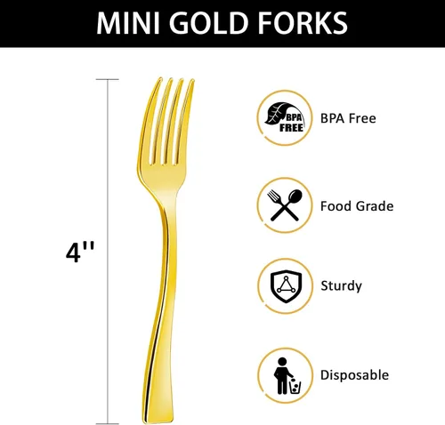 Miniatura 2 de Mini tenedores de plástico dorado de 4 pulgadas, paquete de 100 tenedores desechables para aperitivos, tenedores pequeños resistentes para fiestas