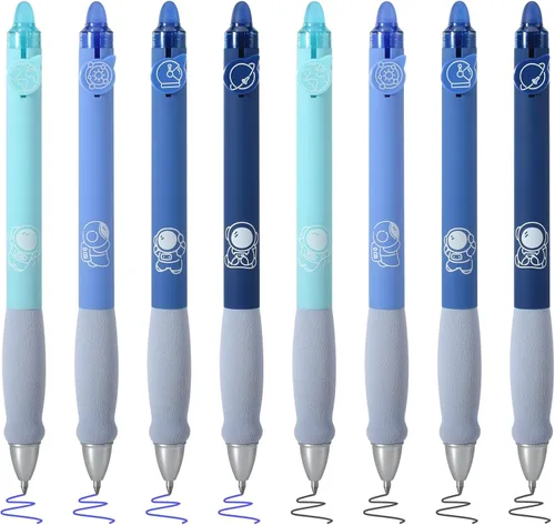 BAYTORY 8 piezas de lindos bolígrafos de gel retráctiles y borrables, bolígrafo de tinta azul y negra con borrador transparente, escritura suave,