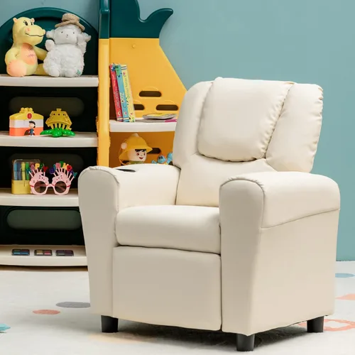 Miniatura 10 de ARLIME Silla reclinable para niños, sillón tapizado con soporte para tazas, respaldo, sofá de cuero para bebé con reposacabezas y reposapiés, Negro