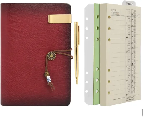 Miniatura 15 de Wonderpool - Diario de piel con papel rayado y bolígrafo, rellenable, cuaderno de espiral con 6 anillas, con libretas pautadas, cubierta vintage